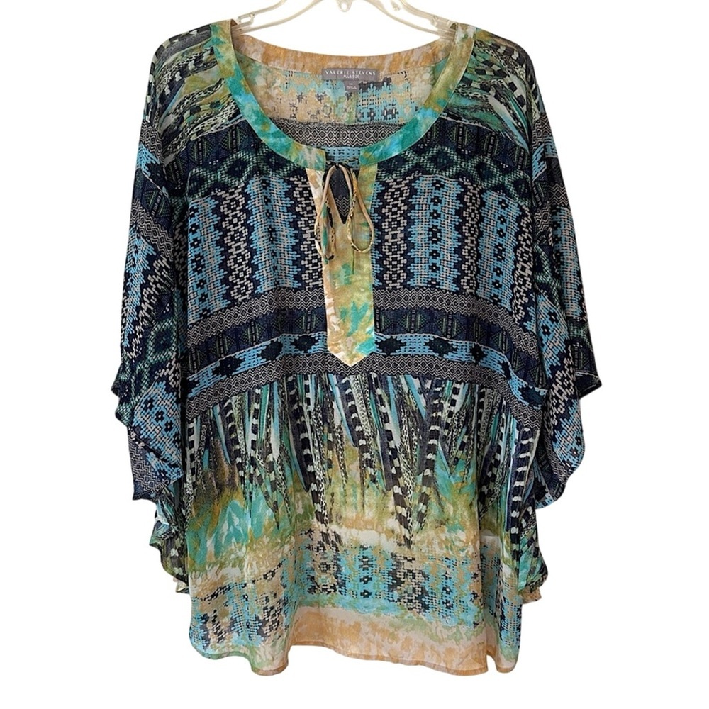 3/$20💥Valerie Stevens Women’s Blouse Flowy Kimono Sleeve Boho  Geometric Chiffon